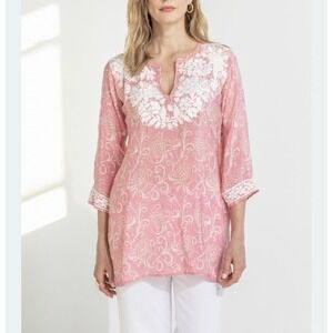 Amaya Petal Pink Silk Crepe Embroidered Top Tunic 44 L Vacation Resort 3/4 Sleev